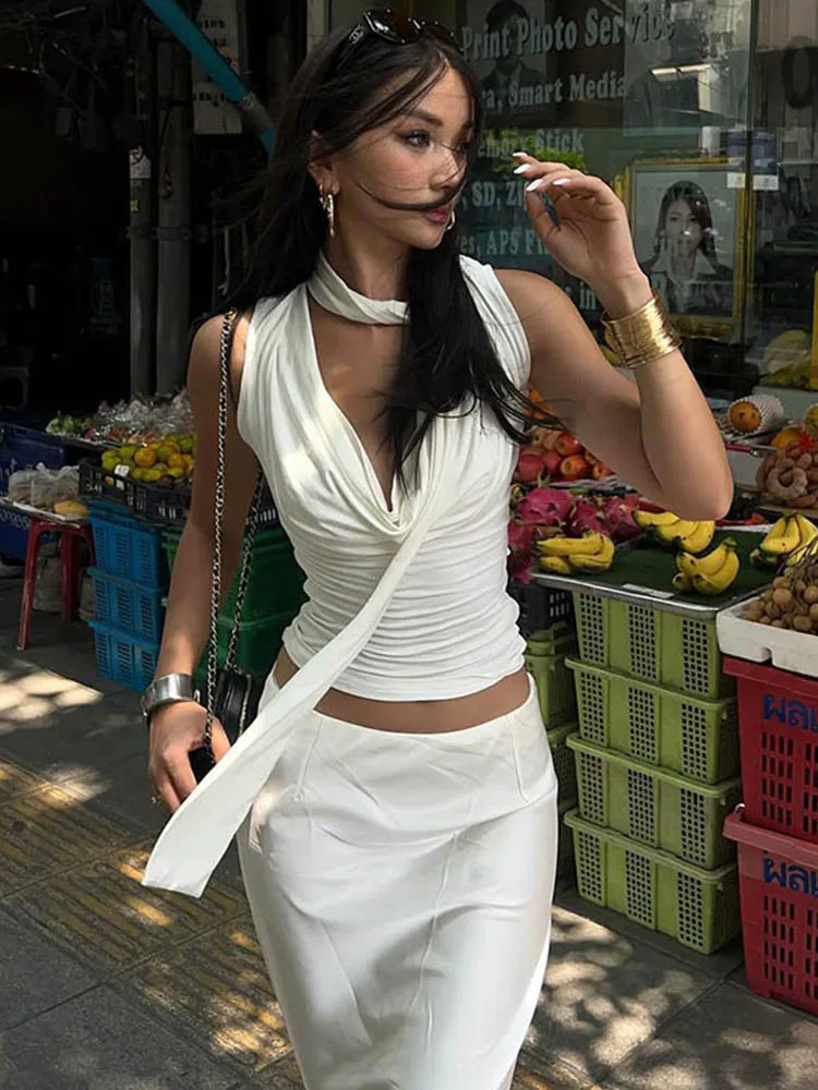 Solid Tank Summer New Women Sexy Sleeveless V-Neck Lady Top Fashion Bandage Streetwear Casual Slim Tank Elegant Knitted Clothing