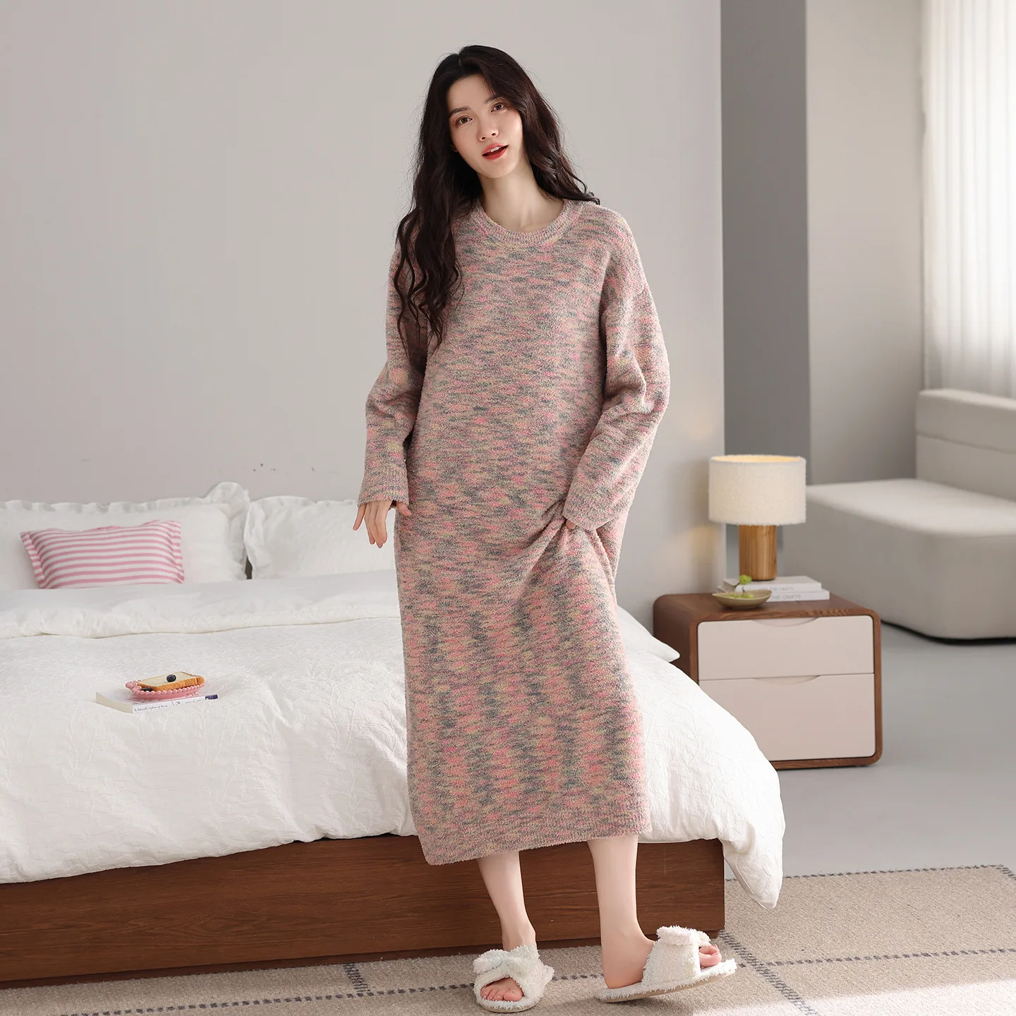 Women Velvet Nightdress Autumn Winter Thicken Warm Nightgown Soft Sleepwear Comfortable Female Causal Home Clothes