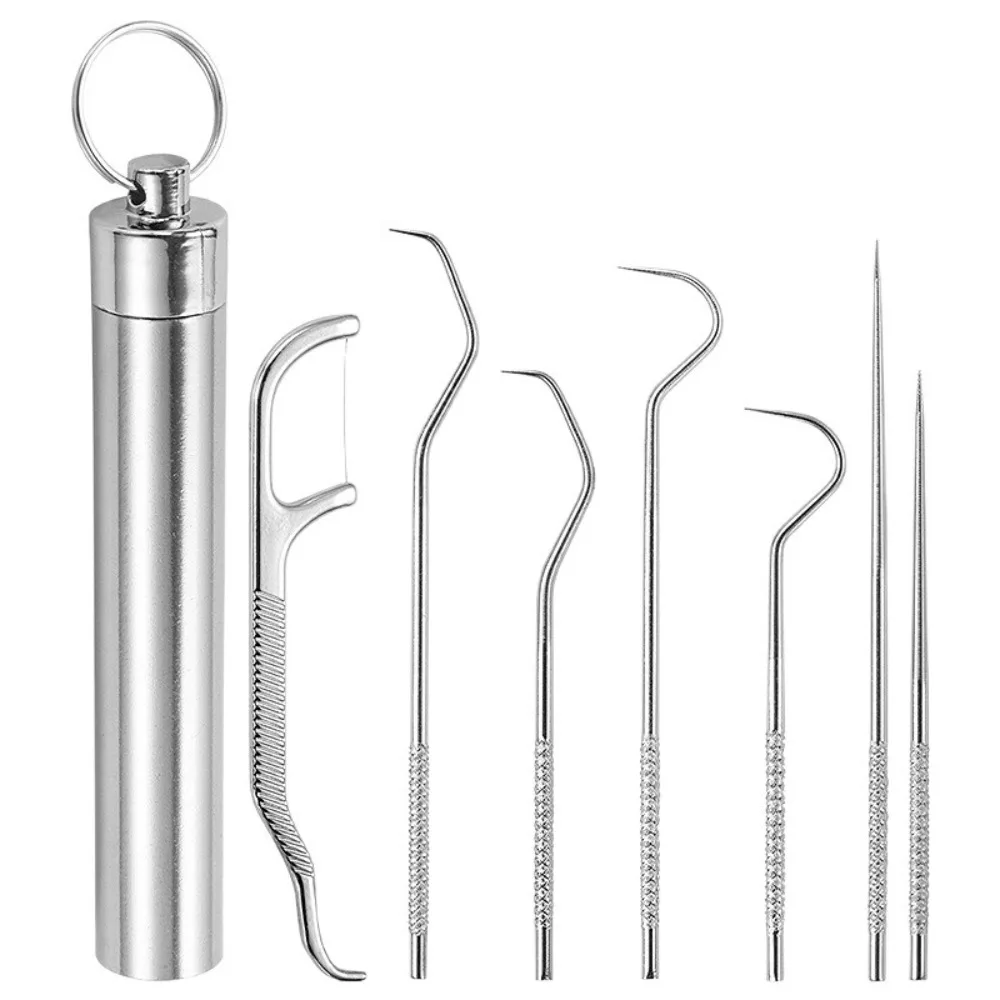 Dental Cleaning Kit Stainless Steel Toothpicks Portable Pocket Set Reusable Metal Floss Pick With Keychain Holder For Travel