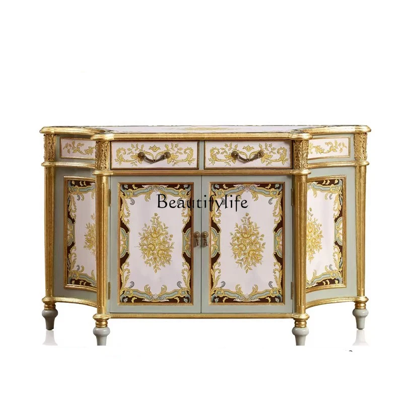 

French side cabinet retro hand-painted art entrance cabinet solid wood flower European style