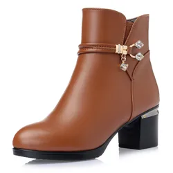 Botas de piel auténtica para mujer, botines de tacón alto de lana gruesa, para la nieve, envío gratis, Invierno