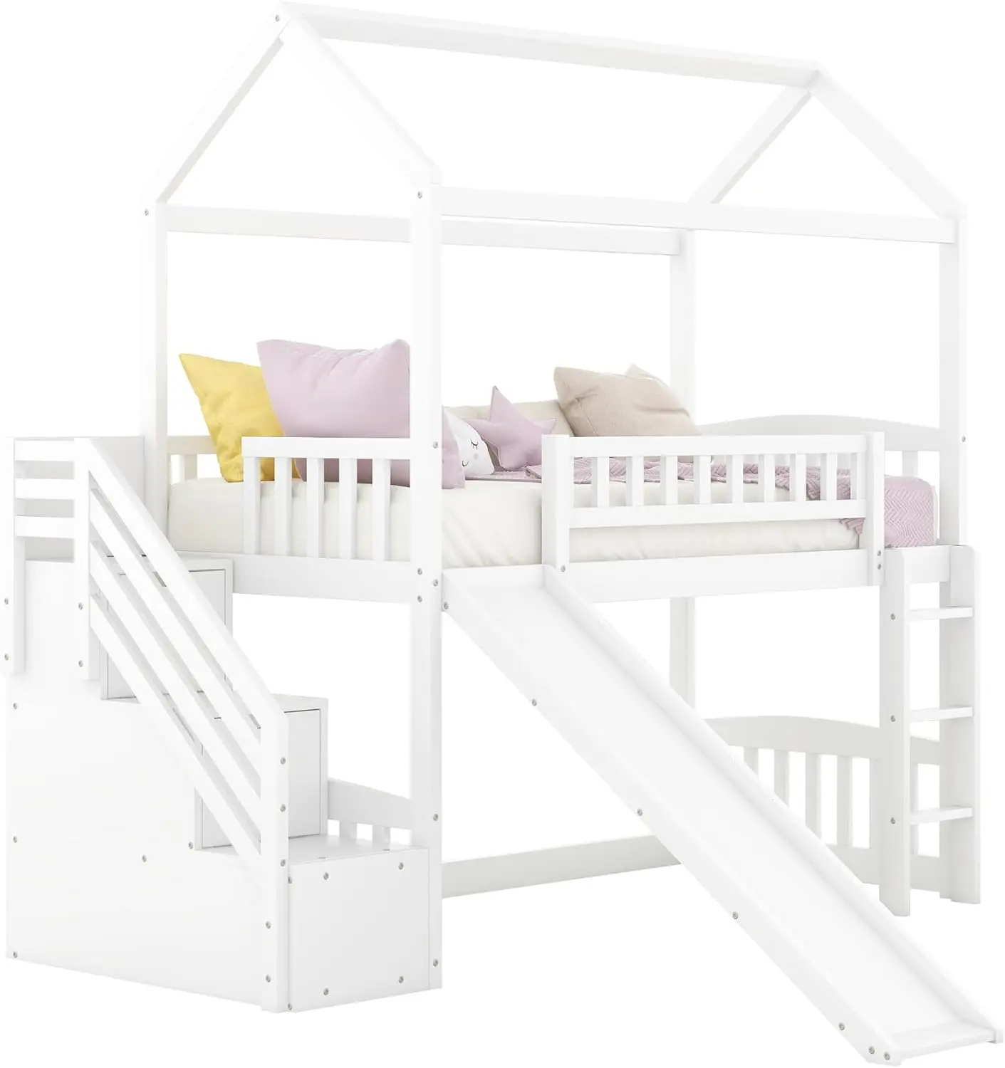 HarperBright Designs Loft Bed with Slide, House Loft Beds Twin Size with Step Storage Drawers Stairway