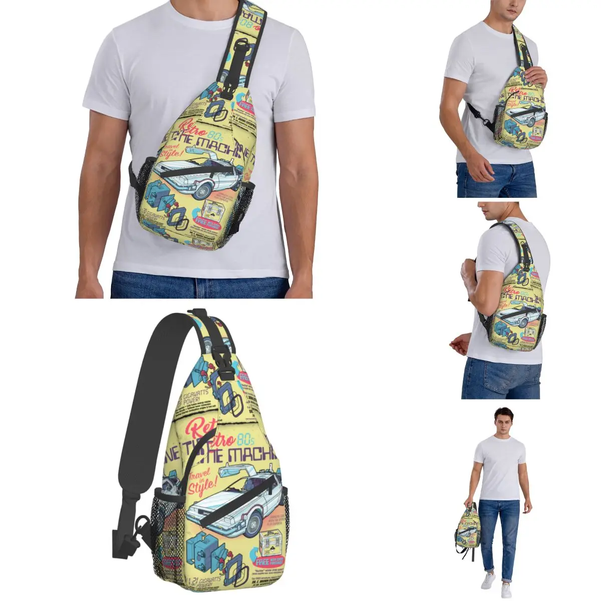 Retro Time Machine Small Sling Bags Peito Crossbody Shoulder Sling Mochila Outdoor Sports Daypacks Back to the Future Impresso