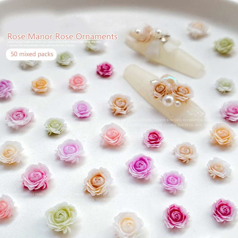 50Pcs Nail Art Mini Flower Resin Gem Stones DIY Nail Crafts 3D Stickers For Gel Polish Nail Accessories Multi-Colors Rose