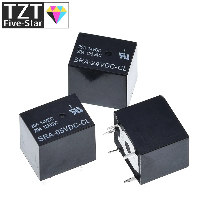 10Pcs 5V 12V 24V 20A DC Power Relay SRA-05VDC-CL SRA-12VDC-CL SRA-24VDC-CL 5Pin PCB Type In stock Black Automobile relay