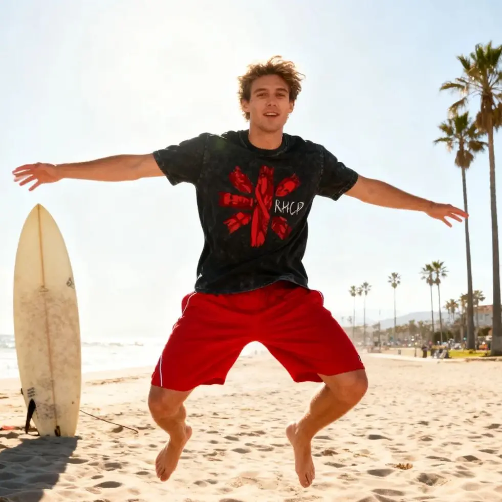 

New RHCP Red Graphic Band Rock Punk Tee Men's Washed T-shirt Male Rock Band-themed Casual Comfortable Streetwear T-shirt