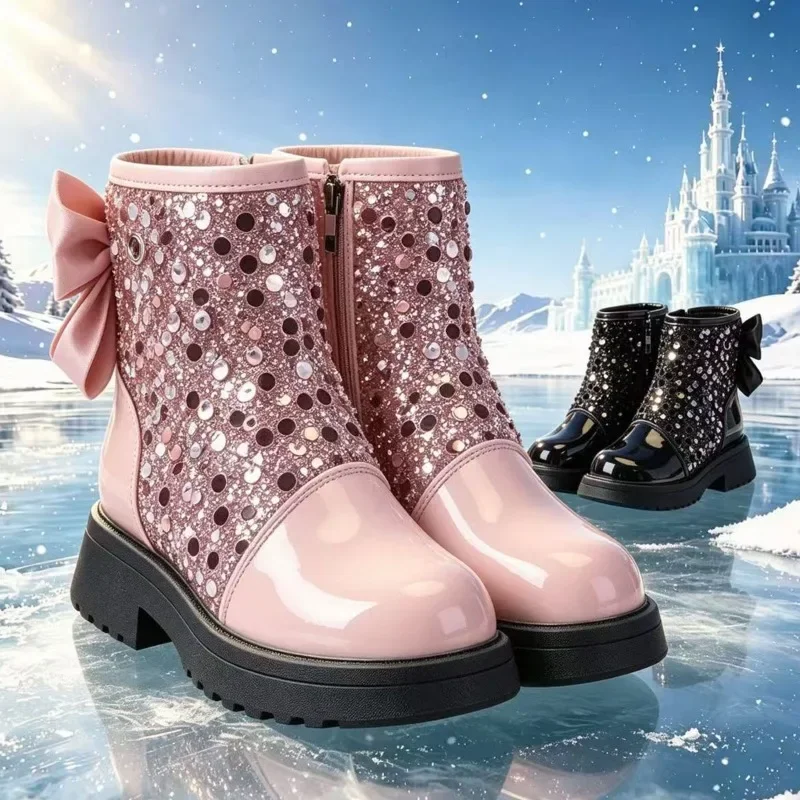 Girls' Shoes 2026 Autumn New Item Kids Sequined Solid Color Ankle Boots Comfort Non Slip Girls Leather Boots Size 26-36