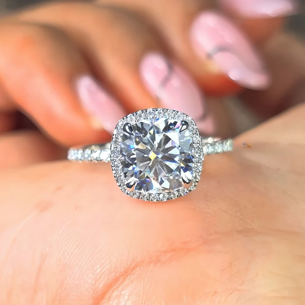 0.8-6Ct Cushion Cut Moissanite Solitaire Rings Sugar Cube Halo Band Ring S925 Sterling Silver Wedding for Women with Certificate