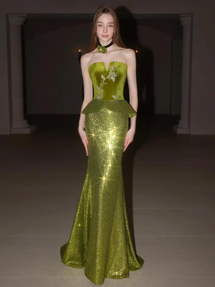 

Ele een Wedding Dr with Sequins for Bridal Dinner Par Fi Tail Skirt High Waist Zipper Bal Long Evening Gown