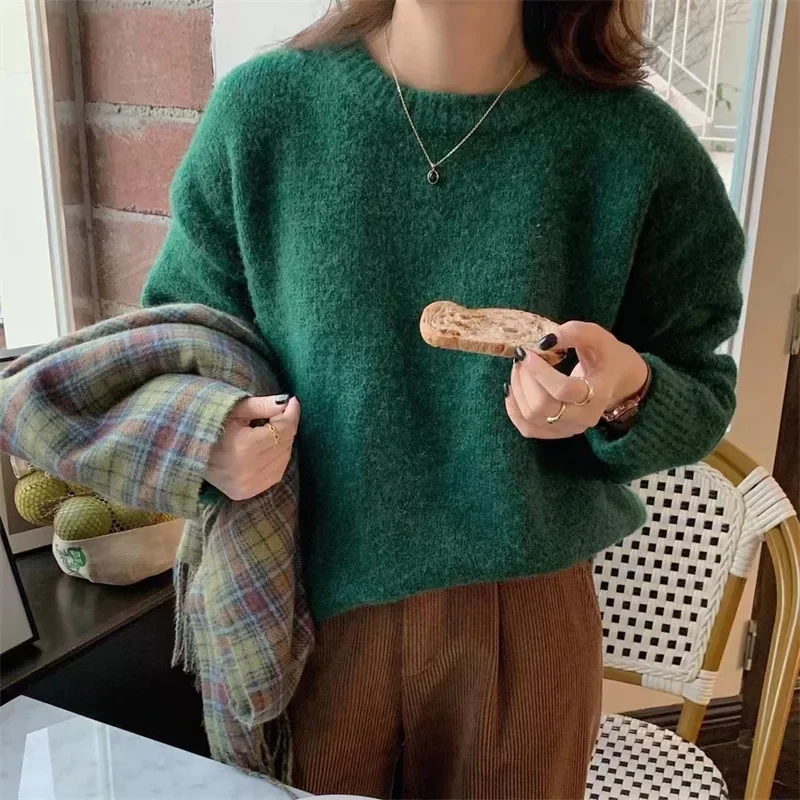 

Korean Fashion O Neck Sweater For Women Loose Long Sleeve Tops 2023 Autumn Winter Warm Knit Hoodies Pullover Y2k Clothes 맨투맨