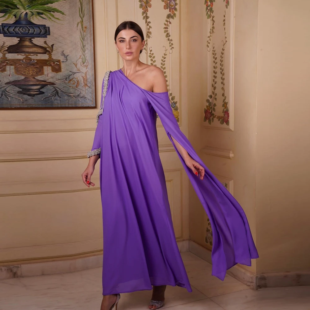 

Welove Purple Evening Gowns Saudi Arabia One Shoulder Kaftan Formal Dress Crystal Ankle Length Vestido De Festa New 2023