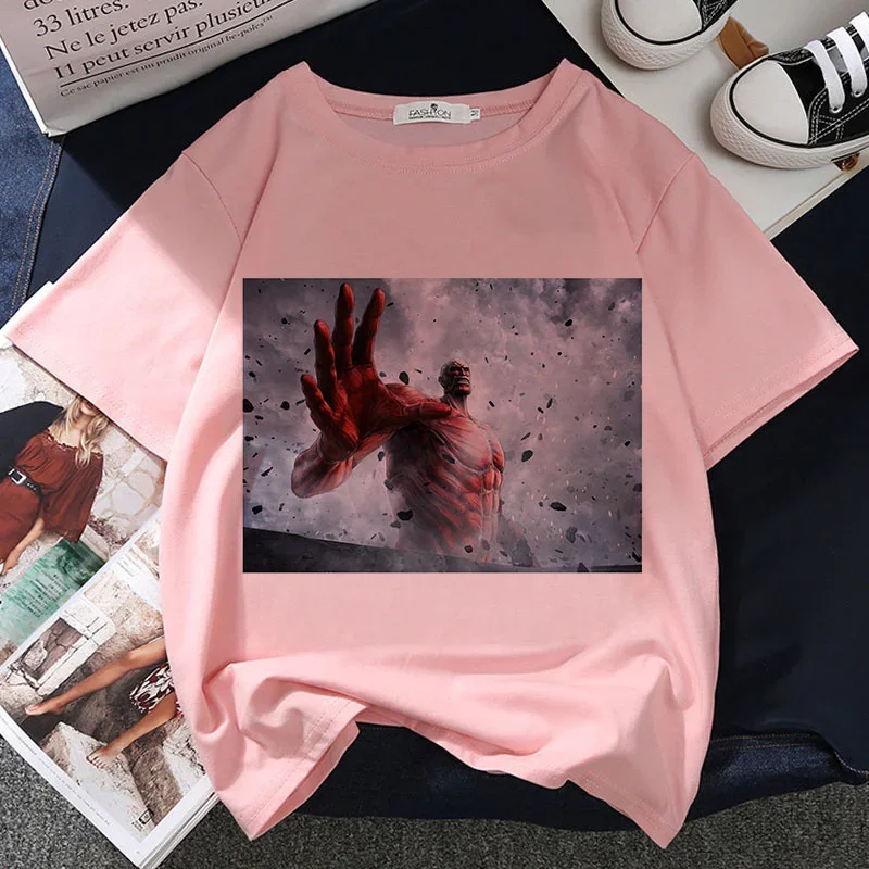 Camiseta con estampado gráfico de ataque a los Titanes para mujer, remeras rosas de estética Harajuku, camiseta de Anime Y2k para mujer 2021