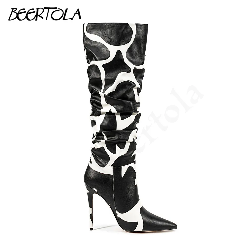 Black and White Color Matching Knee-High Boots Pointed Toe Stiletto Side Zipper Sexy Long Boots Temperament Women's Boots