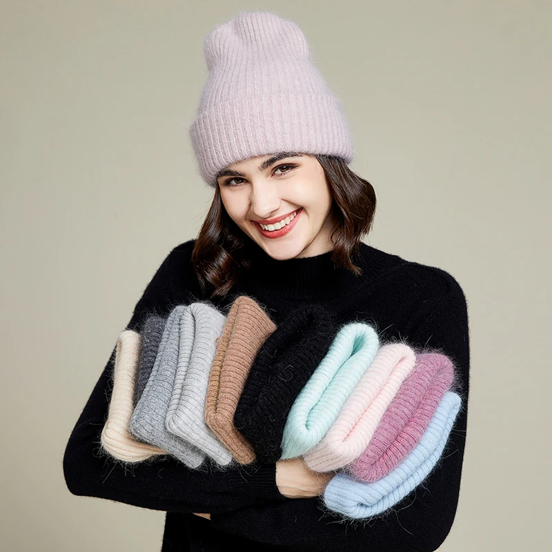 VISROVER Solid Color Rabbit Fur Cashmere Winter Hat For Woman Best Matched Woman Beanies Autumn Soft Warm Skullies Wholesales