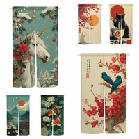 Japanese Noren Door Curtains Fantasy Unicorn Cat Koi Bird Split Linen Doorway Curtains Home Decor Kitchen Entrance Half Curtains