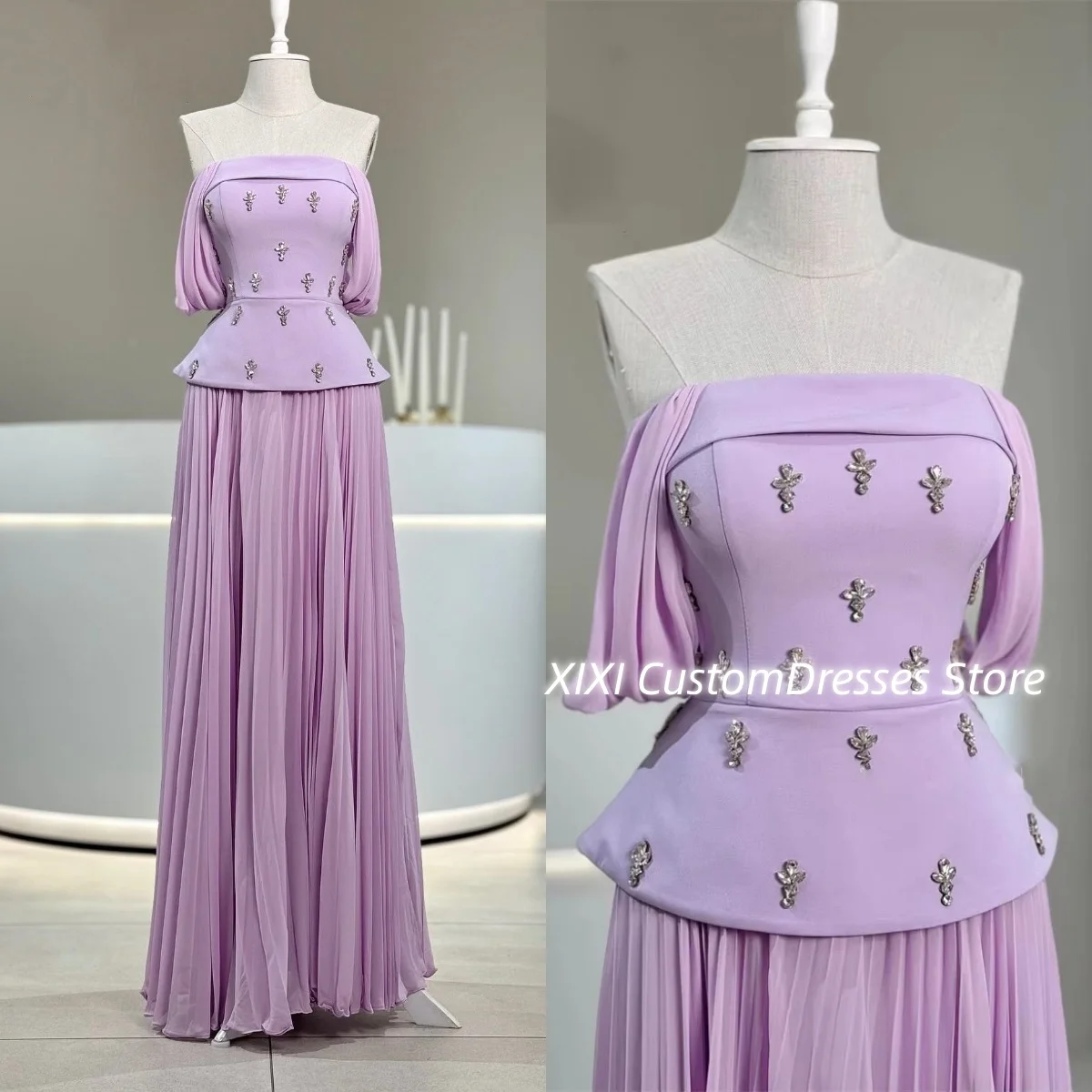 

Wedding Party Dress Customize Column Off-The-Shoulder Women'S Evening Dresses Floor-Length Beadings Zipper Up Short Sleeves Prom