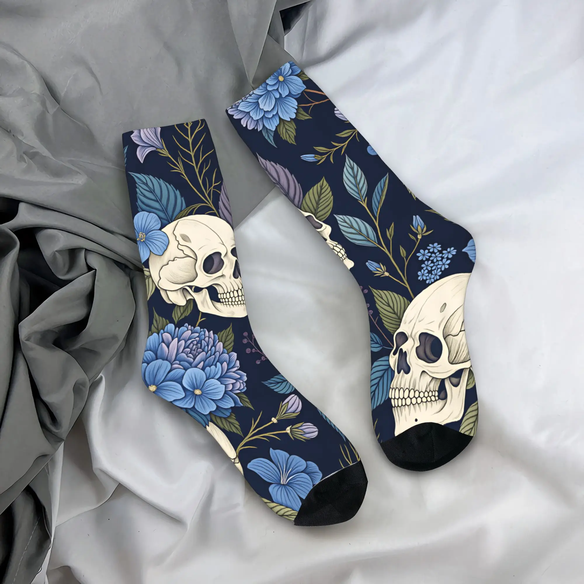 Skull Blue Hydrangea Floral Seamless Pattern Socks  Pattern Stockings Anti Skid Men Socks Quality Spring Fashion Sports Socks