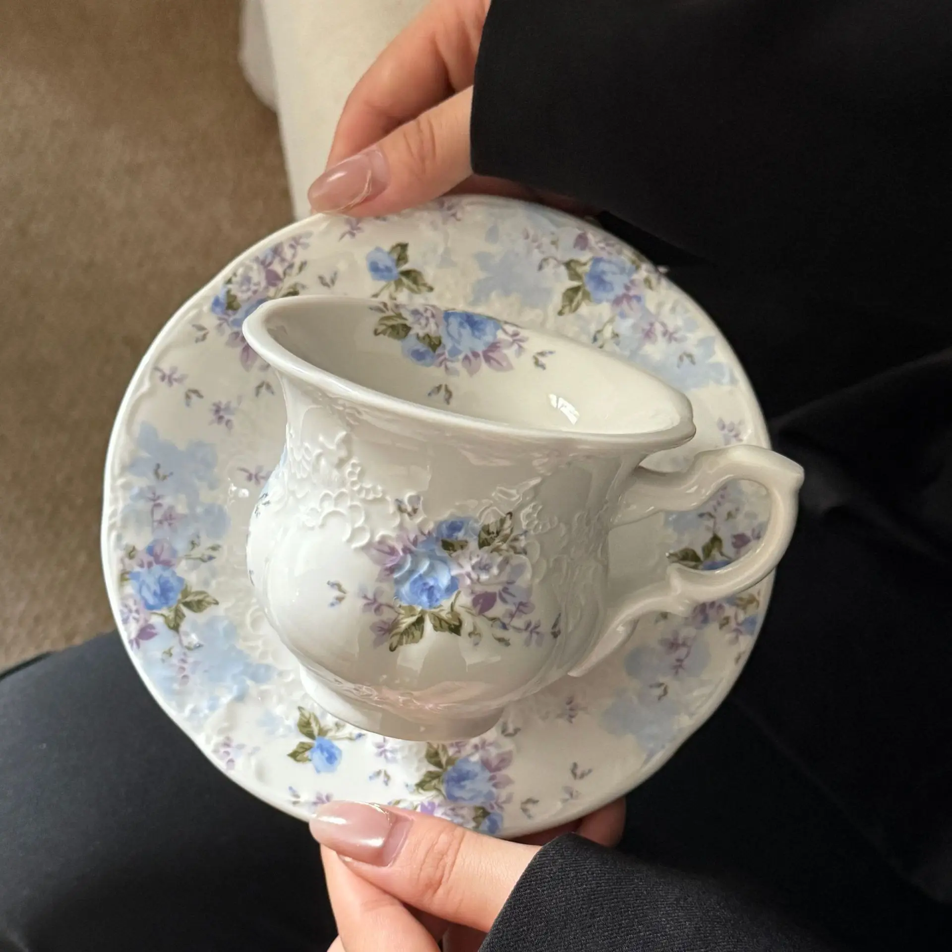 French Blue Rose Flower Relief Ceramic Cup and Saucer Bowl Dessert Plate Vintage Style, For Women and Tea Parties
