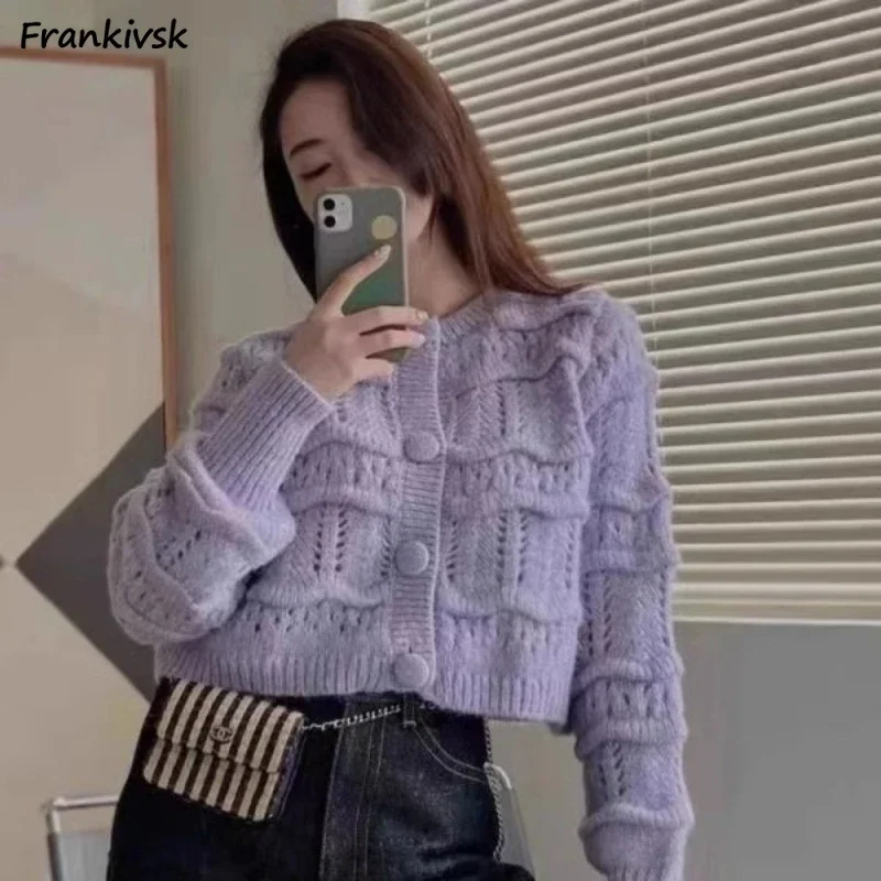 

Hollow Out Cardigan Women Autumn Solid Color Temperament Soft Textured Cropped Leisure Ladies Slouchy Korean Style Chic Simple