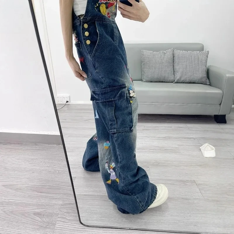 Macacão jeans bordado 3D do Mickey dos desenhos animados - Macacão feminino de perna larga de rua alta tecido macio e durável alças ajustáveis