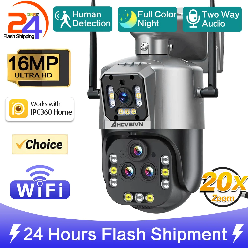 

16MP 8K WiFi Camera Outdoor 20X Zoom Surveillance Four Lens Dual Screen PTZ Security Cameras Video CCTV Ai Tracking Wide Angle