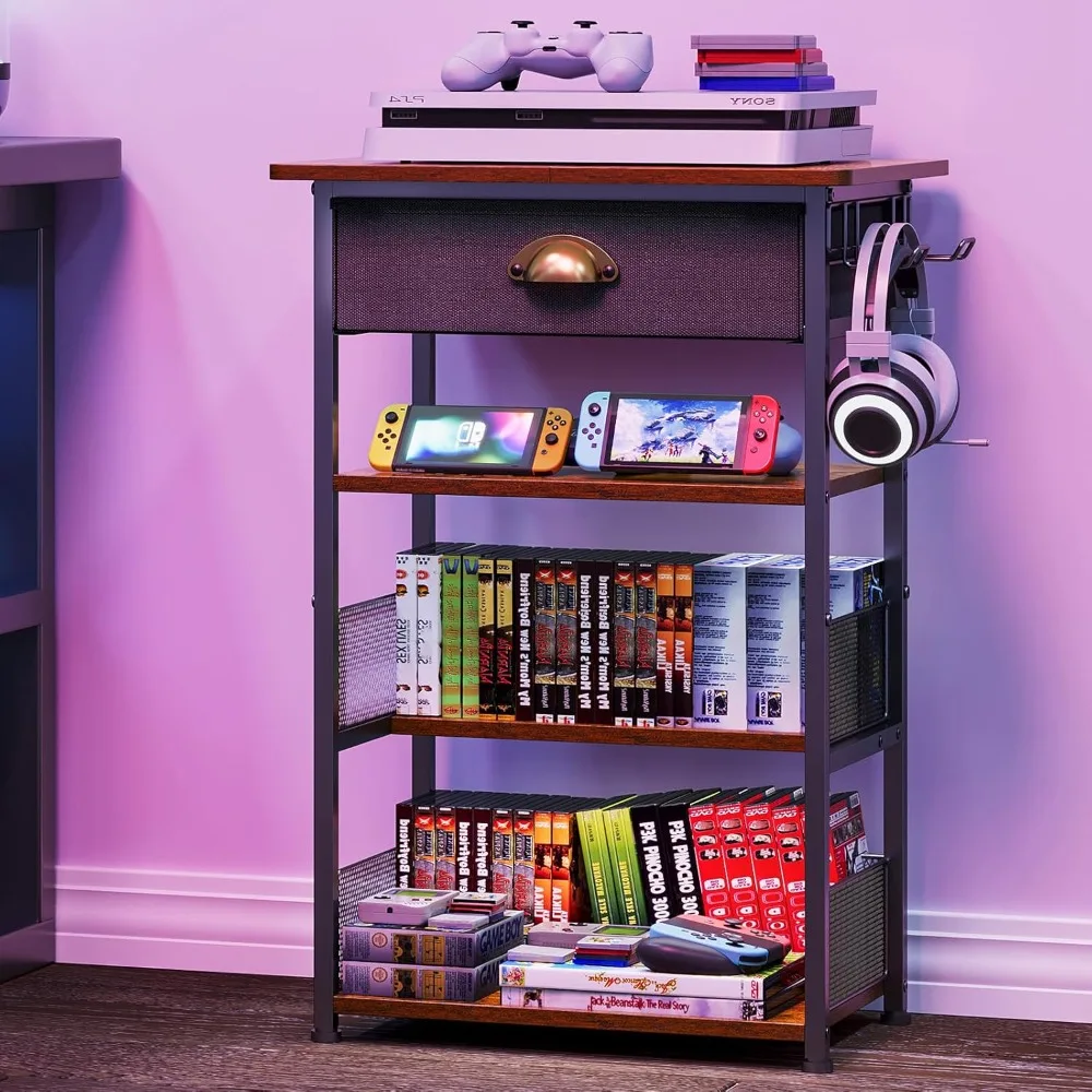 

4-Tier Media Stand with Drawer and Hooks, Perfect for Game Consoles, DVD Players, and TV Accessories