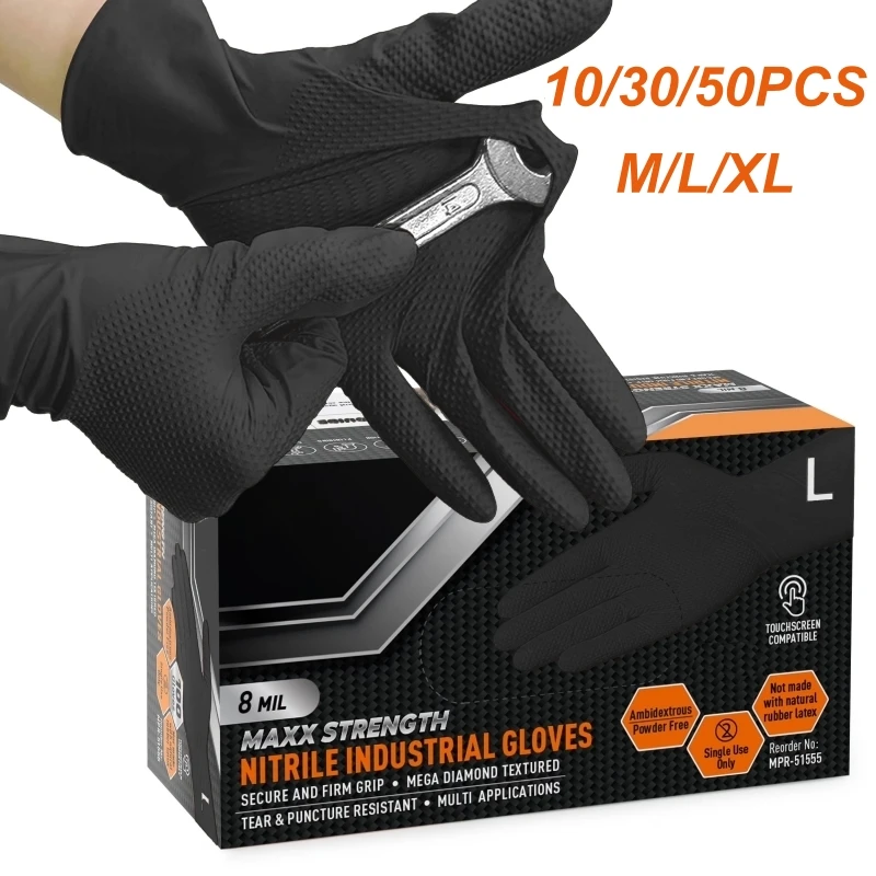

8Mil Heavy Duty Industrial Black Nitrile Gloves Raised Diamond Texture Safety Work Gloves for Mechanic Construction Gardening