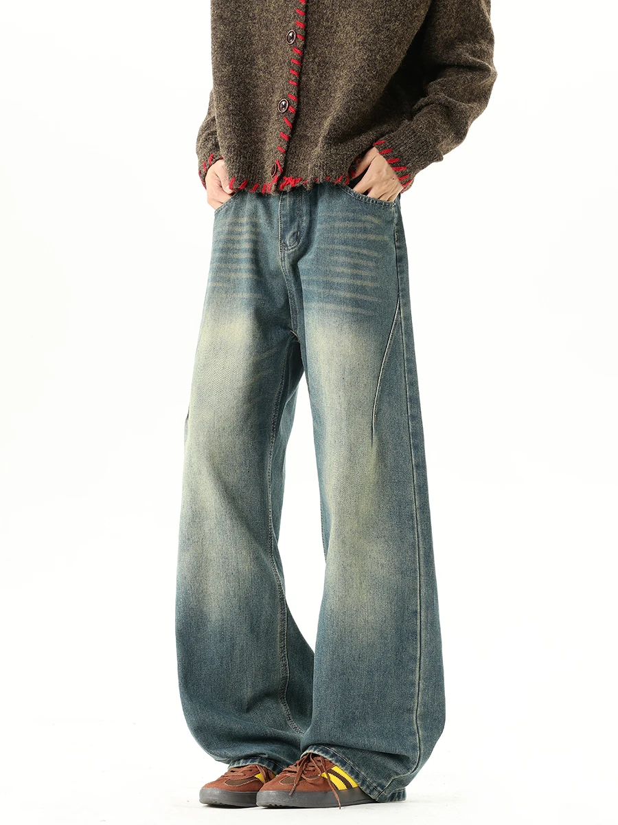 

Retro American Waed Denim Jeans Men's Casual Straight Leg Loose Fit Autumn Trendy Teenage Cotton Polyester Blend