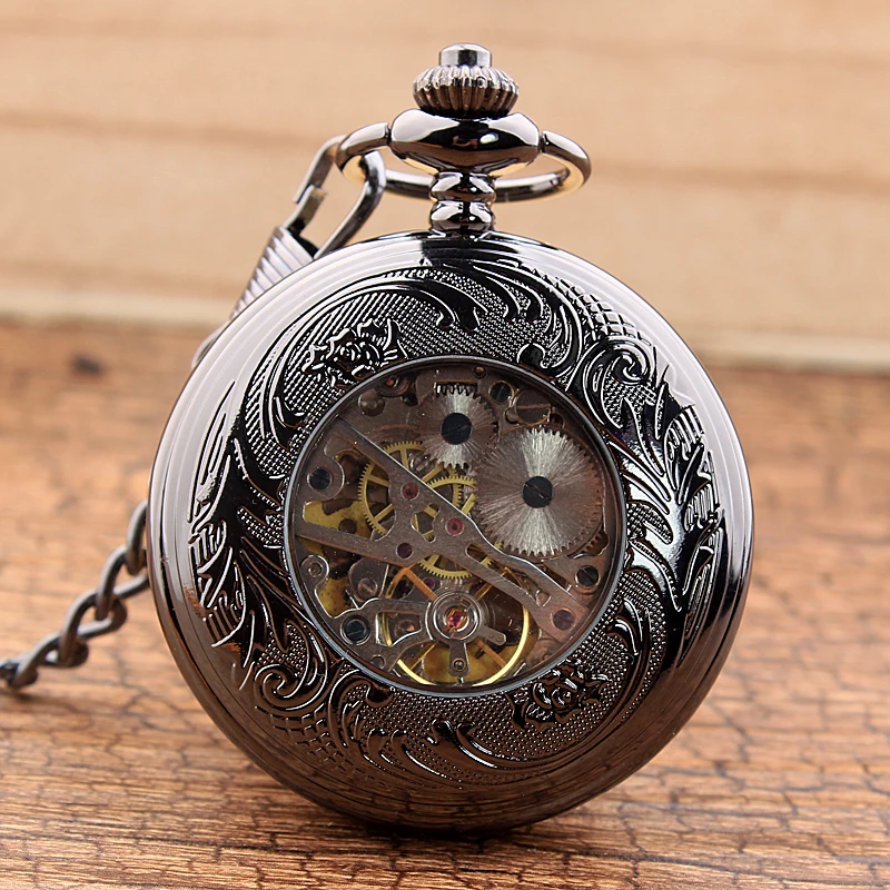 Vintage Steampunk Gears Hollow Bronze Mechanical Pocket Watch Fob Chain Hand Wind Skeleton Necklace Clock Men Womens Gifts