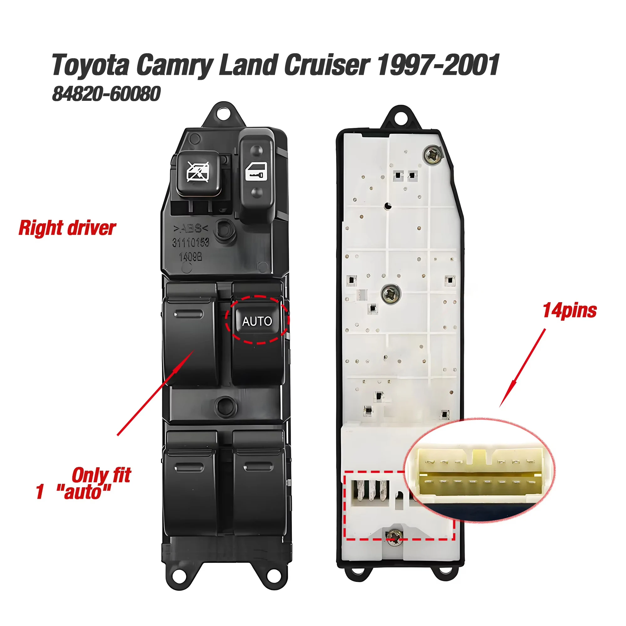 84820-60080 8482060080 لتويوتا هايلكس كامري صدى لاند كروزر برادو 1997-2001 ، الجانب الأيمن مفتاح التحكم الرئيسي في نافذة الطاقة