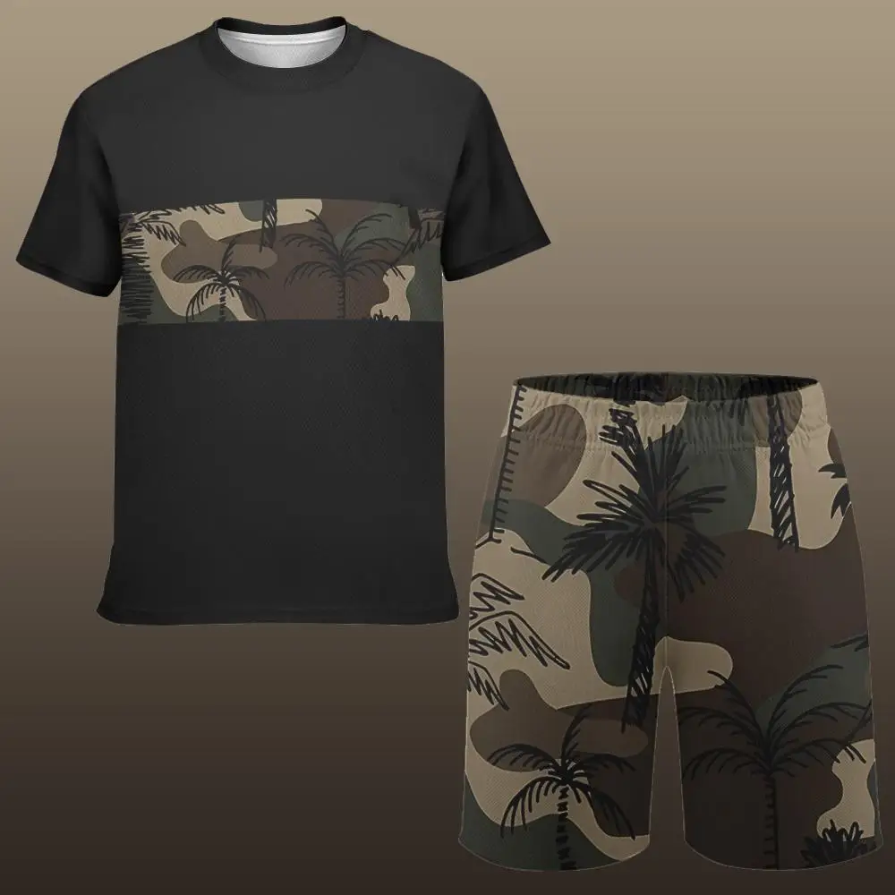 Palm Tree Print Men's Short-Sleeved Shorts Set Miami Vacation Style T-Shirt Shorts Seaside Surfing Sports Beach Two-Piece Suit