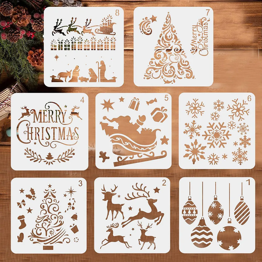 8-piece Christmas painting hollow template set, reusable Christmas tree reindeer  pattern template， DIY Card Window Decorateion