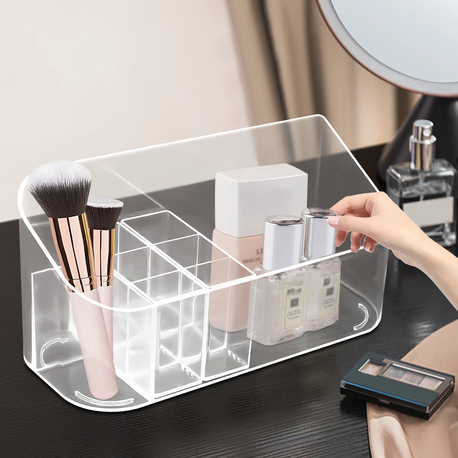 Clear Makeup Organizer Tray Bathroom Cabinet Cosmetic Storage Tray 2 Removable Dividers Lipgloss Organizer Makeup Display Case