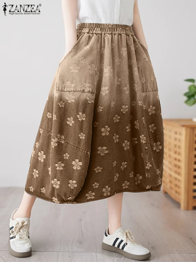 ZANZEA 2025 التنانير الربيعية النسائية جيوب أنيقة قيعان طويلة ملابس العمل غير رسمية فضفاضة مطبوعة ألف خط مرونة الخصر التنانير