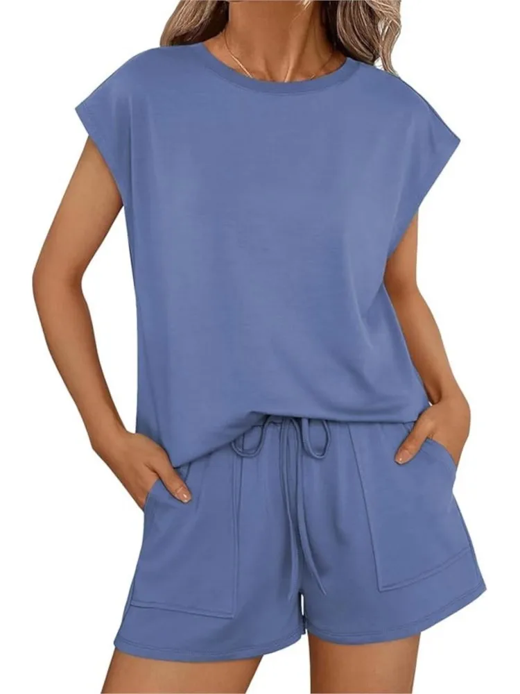 

2025 Casual Sleeveless T-shirt Women's Shorts 2 Piece Set Summer Loose Simple Fashion Pocket Sports Shorts 2 Piece Set For Women