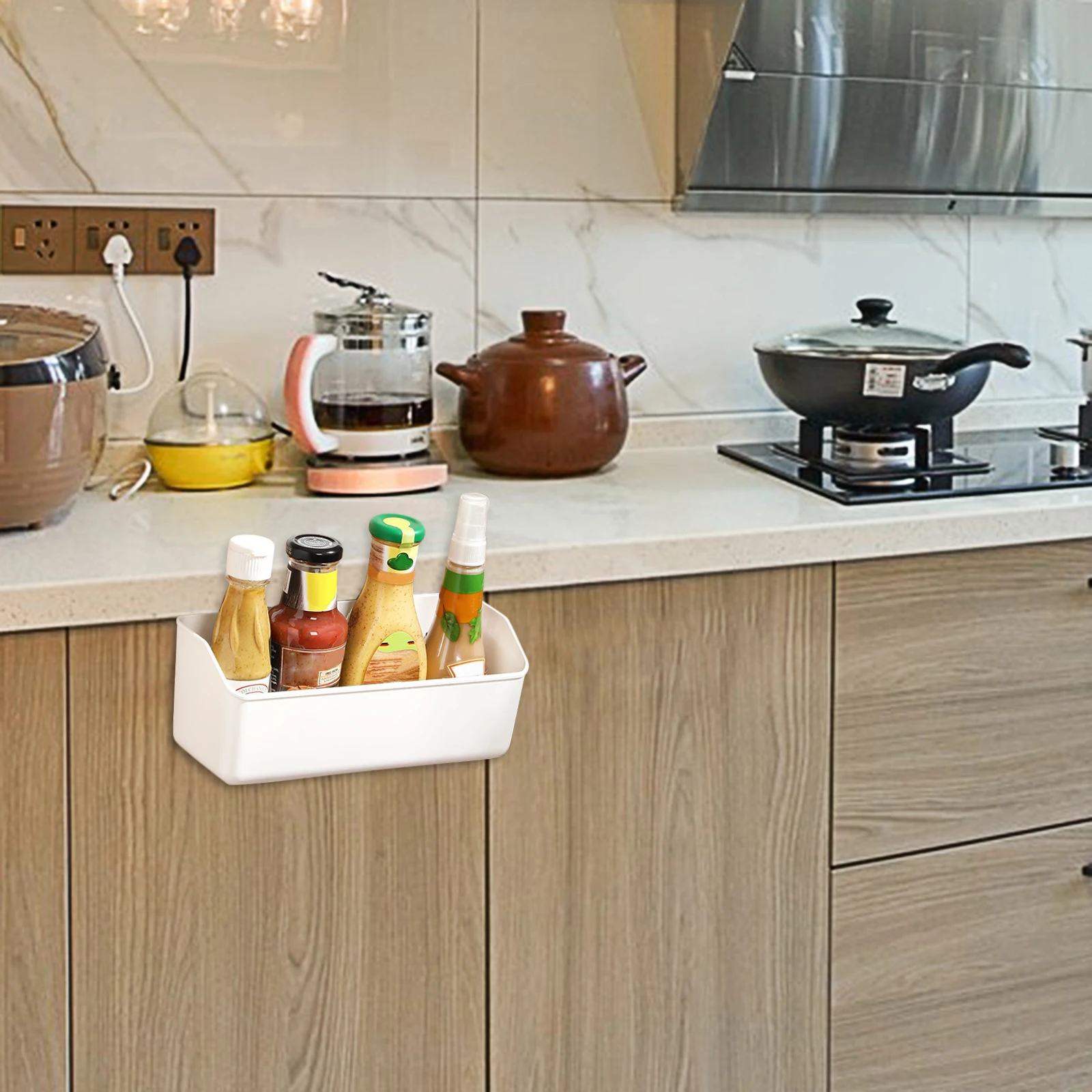 

White Cabinet Door Hanging Basket Kitchen Storage Organizer PP Shelving for Spices Garlic Seasoning Bottles Over Door