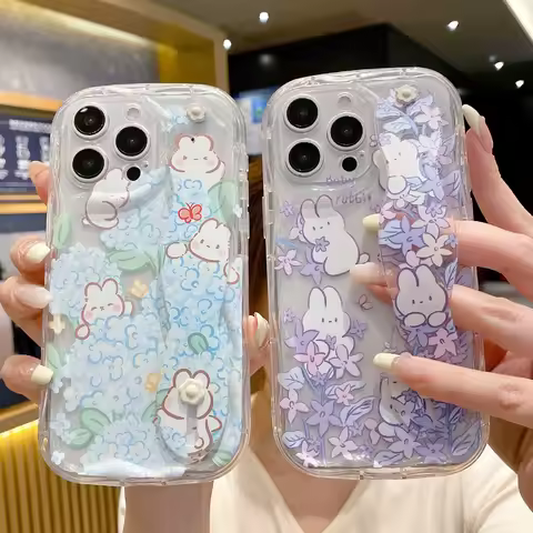Flower Rabbit Case For Samsung S25 S24 S23 S22 Plus Ultra S21 S20 FE A55 54 35 15 52S 53 73 25 Wrist Strap Phone Holder Cover