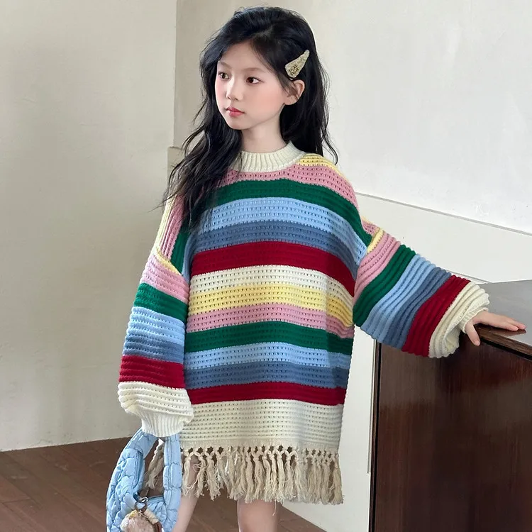 

2025 Rainbow Stripe Long Sleeve Knit Sweater Autumn 2025 New Loose Korean-Style Slimming Top for Fall and Winter