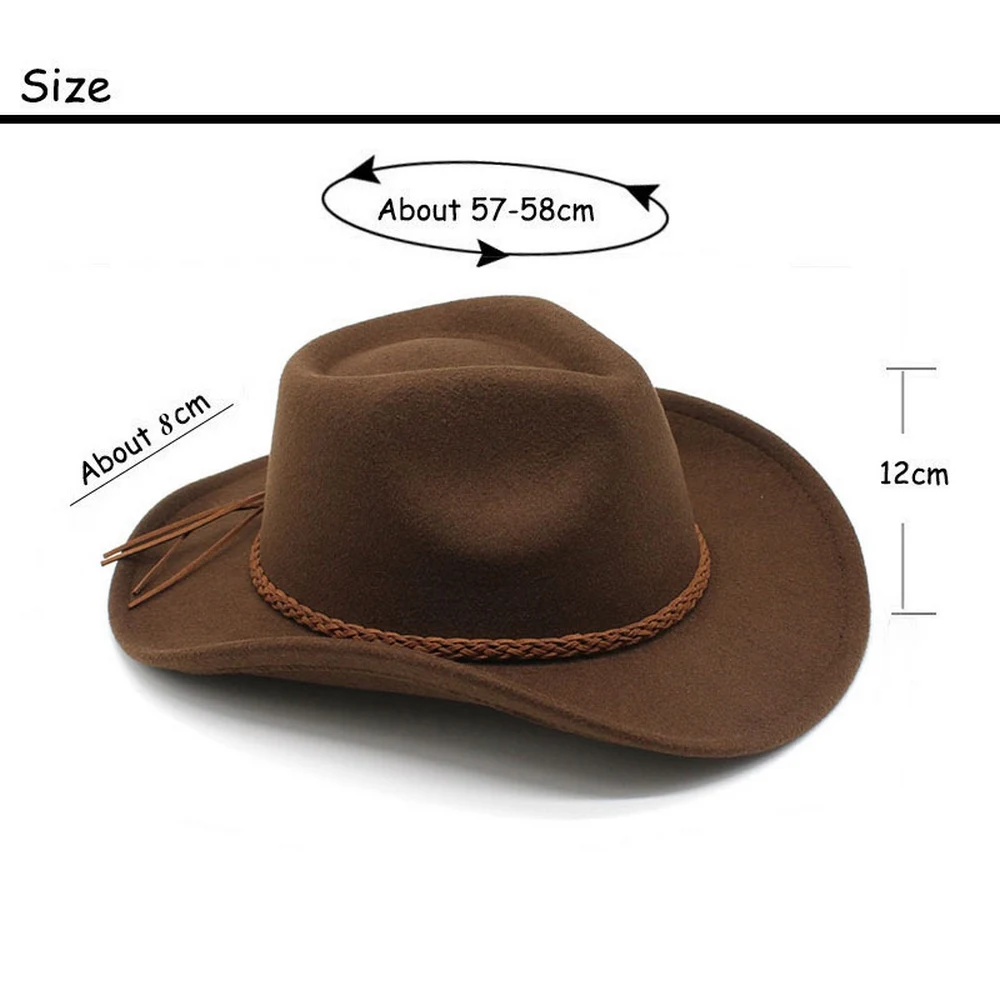 Four Seasons Woolen Men Cowboy Hats Braided Straps Design Western 57-58cm Outdoor Male Caps Cool Horse Riding Boy NZ0051