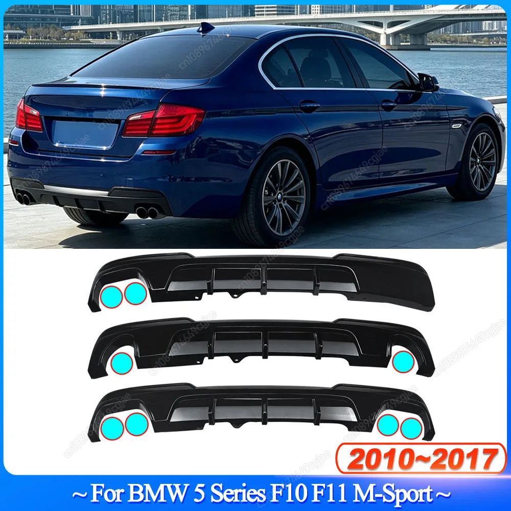 Image of Für BMW 5er F10 F11 M-Sport 528i 535i 540i 2010-2017 Heckstoßstangenlippe Diffusor Spoiler mit Licht Glänzend Schwarz Karosserie-Tuning