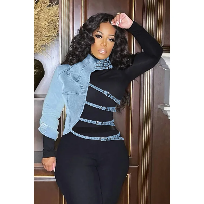 

2025 New Fashion Novelty Short Jacket Outwear Tops Daily Outwear Blue Mock Neck Asymmetrical Denim One Shoulder Streetwear