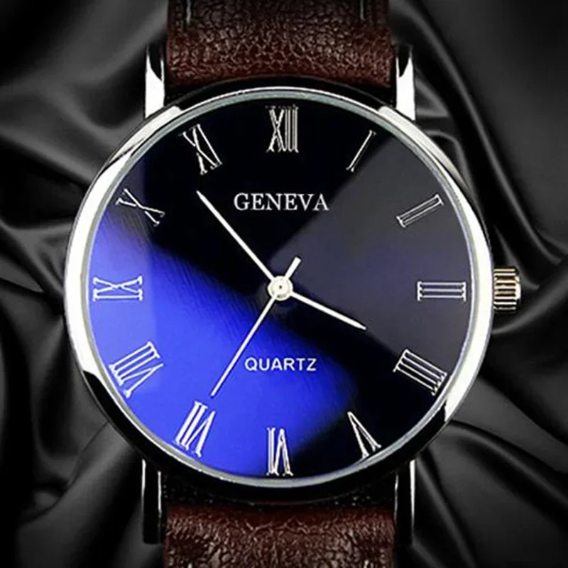 Nuevo reloj Geneva para hombre con números romanos Blu-Ray, correa de piel sintética, relojes de cuarzo, relojes de pulsera analógicos de negocios,