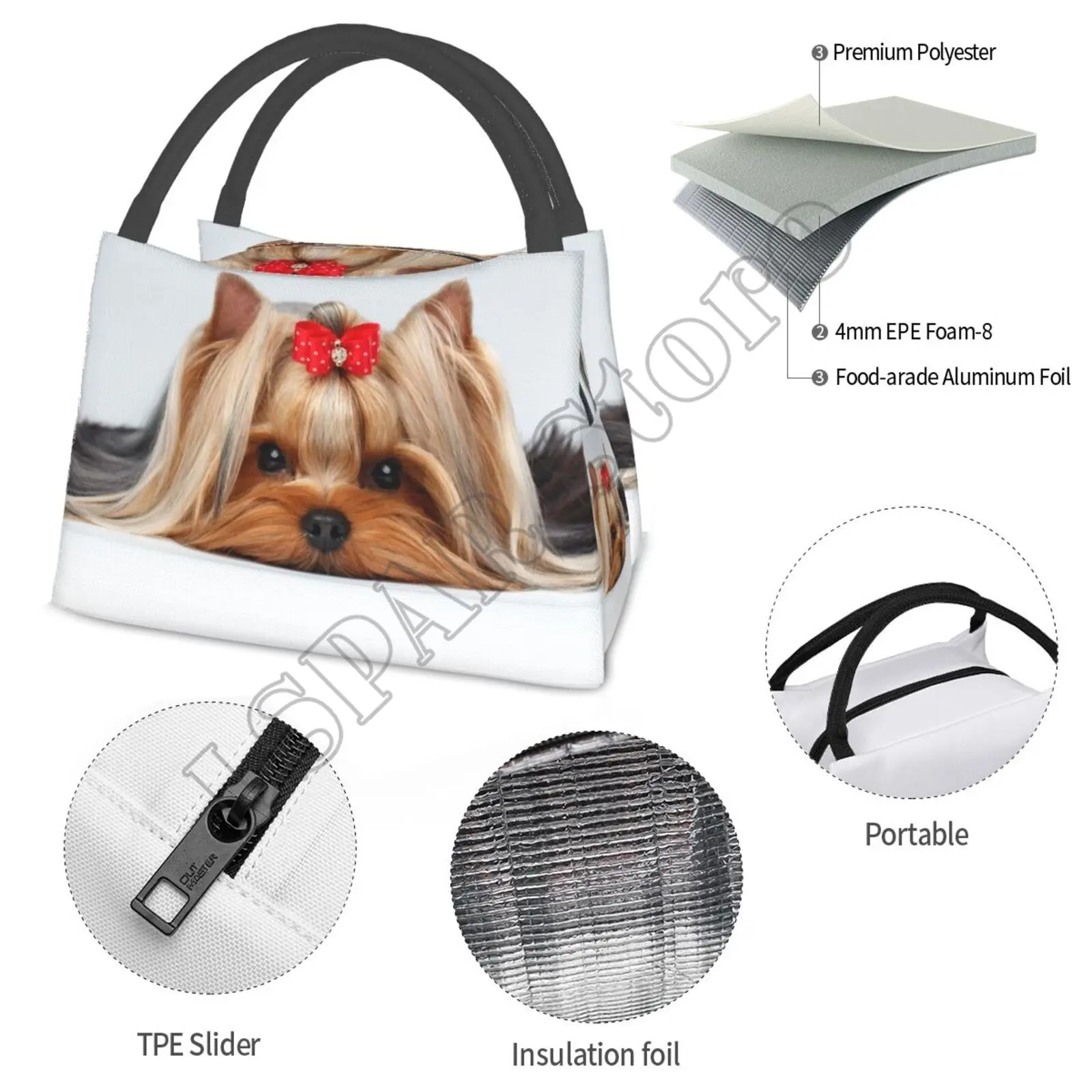 Cute Ribbon Yorkie Love Dog Lunch Bags for Women Boy Girl Reusable Insulated Lunch Box Suitable Travel Work Picnic Beach Office