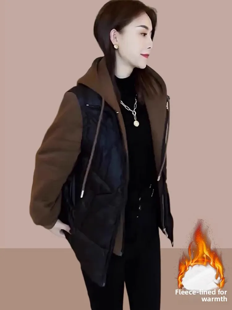 

Женская зимняя хлопковая куртка с утолщенной флисовой подкладкой, стеганое пальто в корейском стиле, свободного кроя, с длинными рукавами, на молнии, с капюшоном