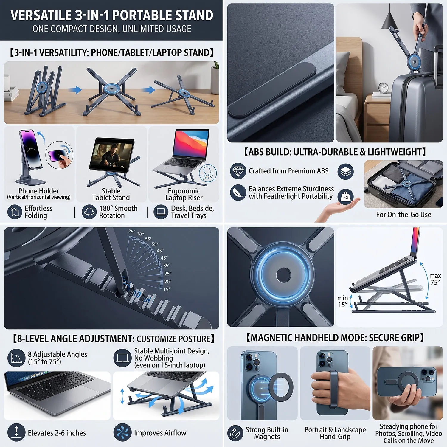 3 in 1 Foldable Laptop Stand Magnetic Phone Holder Portable Desk Mount with Tripod Handle for Pro iPad Travel Vlogging