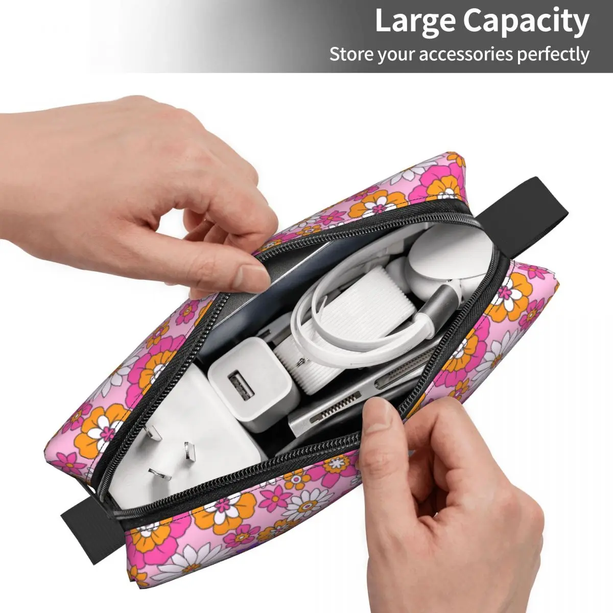 Colorful 60s 70s Style Retro Floral Makeup Bag Pouch Zipper Cosmetic Bag Travel Toiletry Bag Organizer Storage Bag for Women