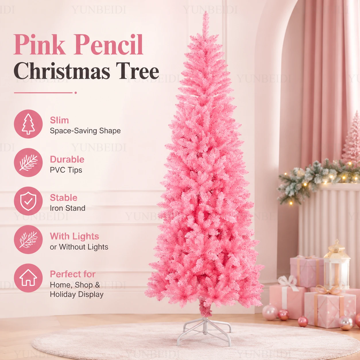 Rosa künstlicher Weihnachtsbaum aus PVC mit LED-Beleuchtung, großer Weihnachtsbaum von 120 cm bis 210 cm, Weihnachtsdekoration für die Familienfeier