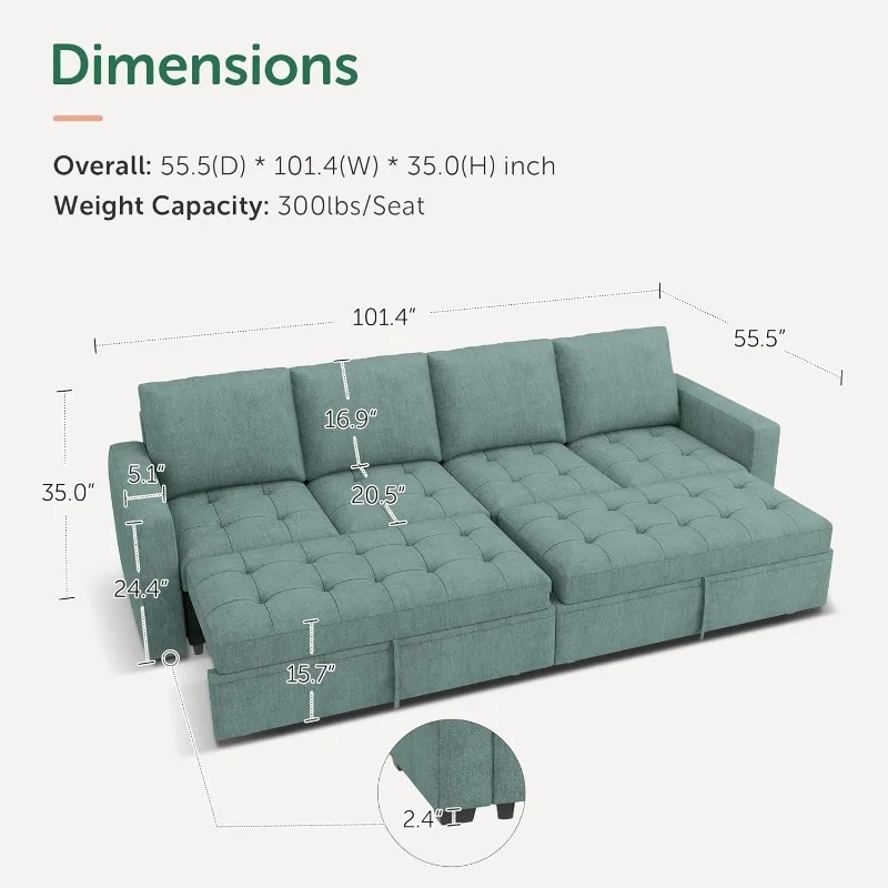 Modular Sectional Sleeper Sofa with Pull Out Couch Bed, Convertible Sectional Couches for Living Room,Blue