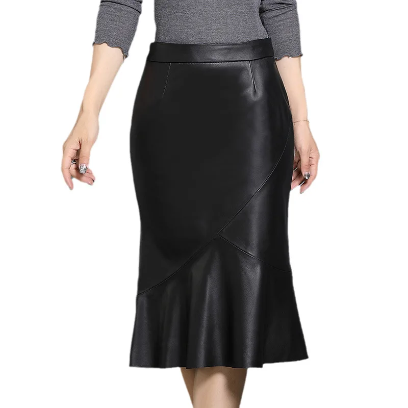 Nowa skórzana spódnica damska wiosna jesień Retro nadruk obcisła sukienka kobieta koreański moda kożuch wysokiej talii Slim Fishtail Jupes — zdjęcie 2