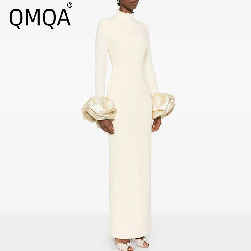 QMQA Fashion Women's Evening Dress Spliced Beads Flower Cuff Slim Fit Long Sleeve High Waist Elegant Party Dresses 2026 QM979
